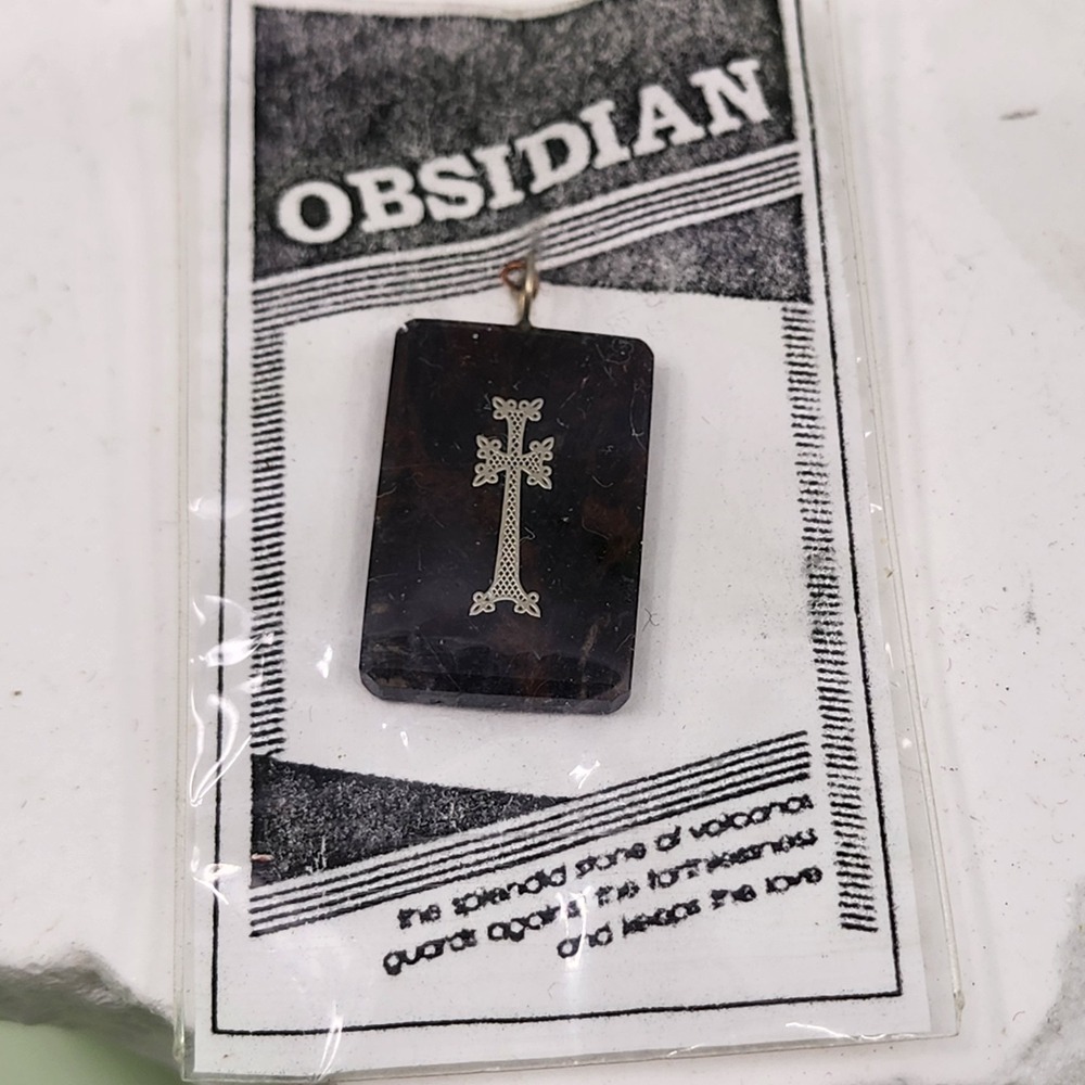 Obsidian Black Stone Cross Pendant Silver Tone Filigree Gothic Faith Jewelry